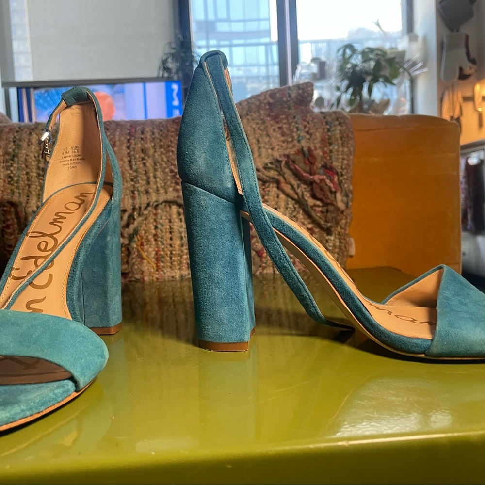 Sam Edelman suede aqua blue block heels sandals - worn 1x to match event dress